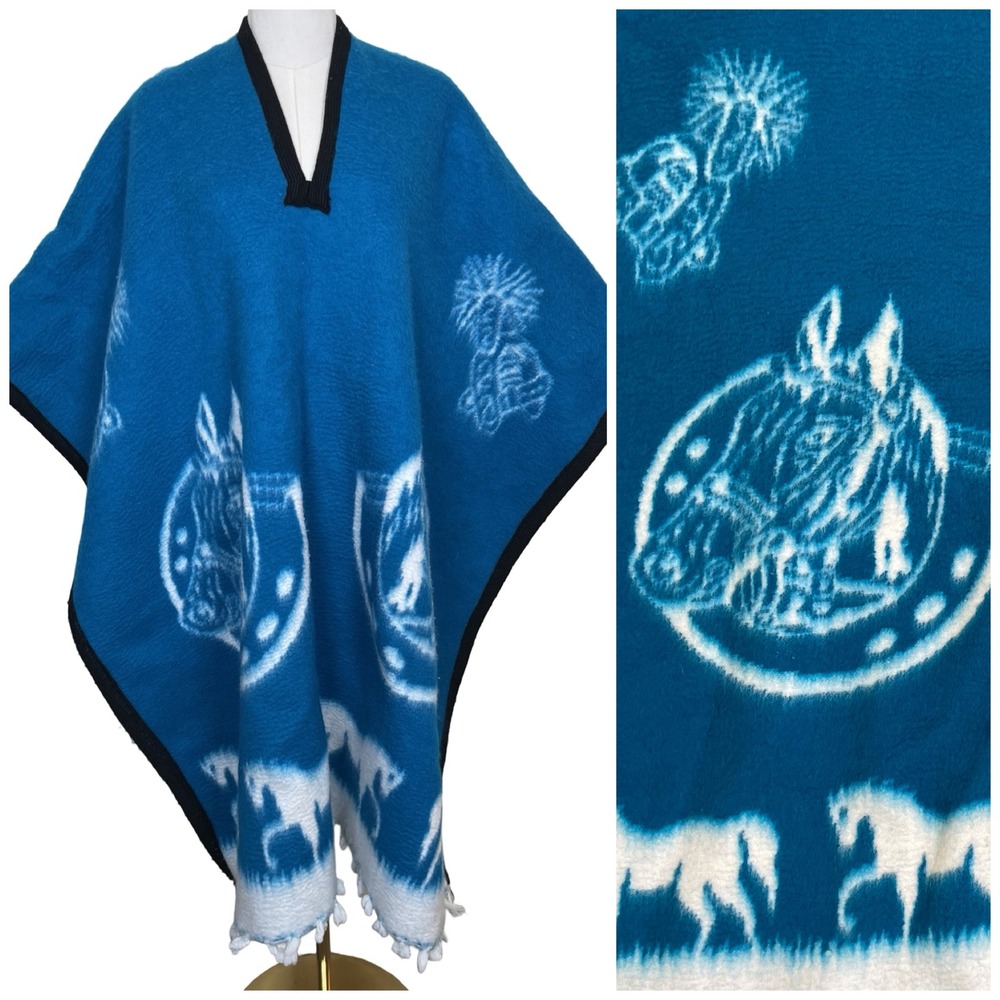 Vintage Turquoise Blue Mexican‎ Wool Western Horse & Horseshoe Poncho Reversible